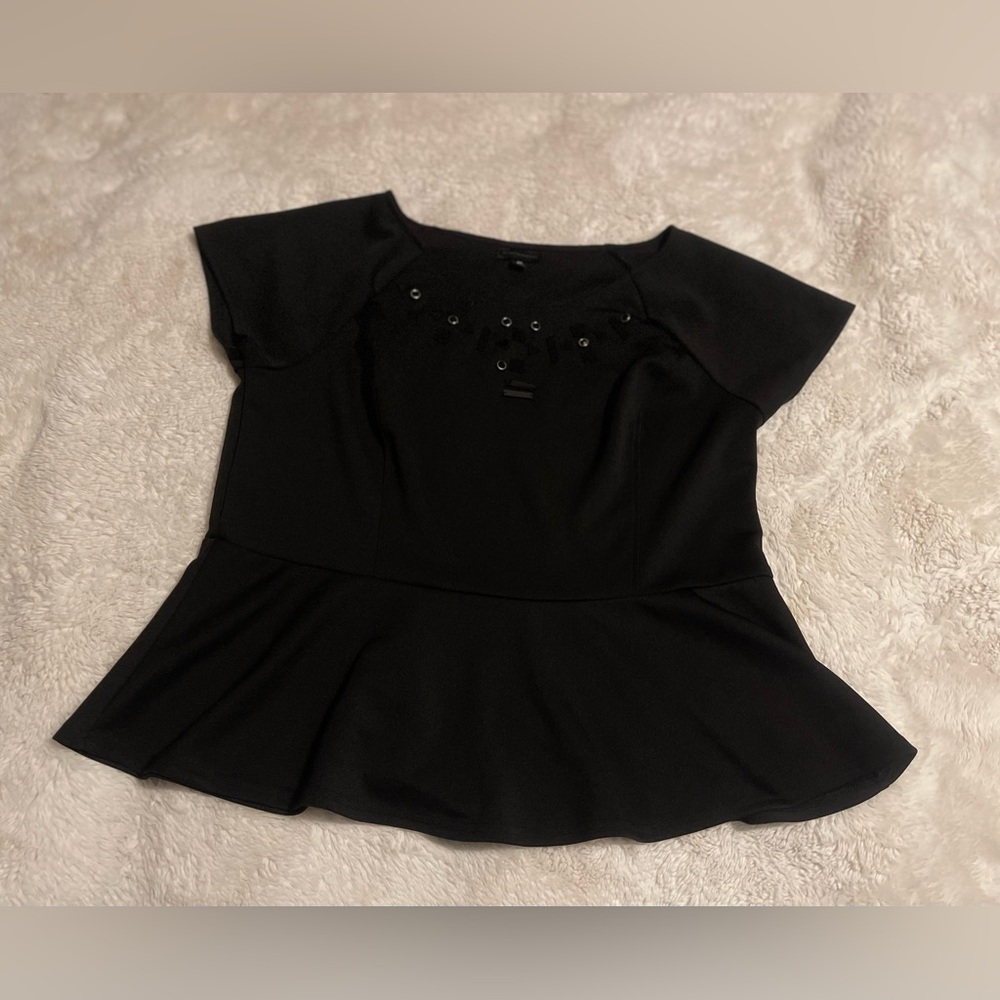 Worthington 2X Plus Womens Black Embellished Peplum Top Blouse